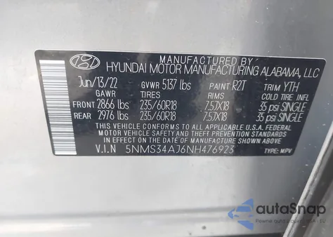 2022 Hyundai Santa Fe Sel из США, поврежденный, VIN 5NMS34AJ6NH476923
